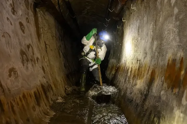 Opération de nettoyage à la pelle d'un égout