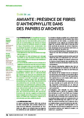 Hygiène et sécurité du travail, revue trimestrielle scientifique de l\'INRS